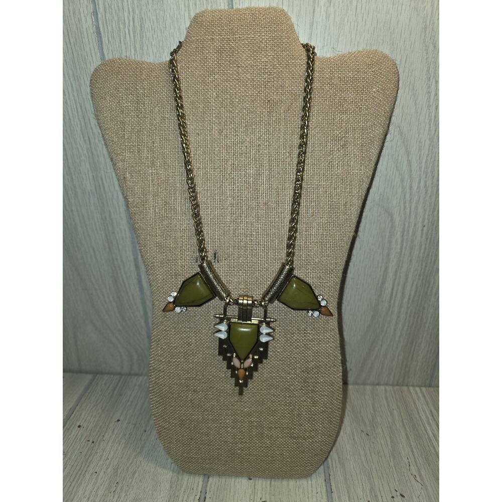 Vtg Statement Necklace Steampunk Art Deco Olive Green Peach Brass Heavy Chain